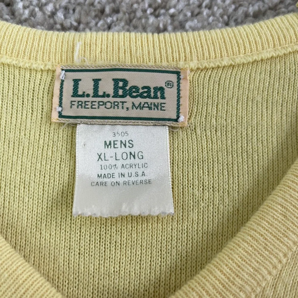 Vintage L.L. Bean Sweater Mens XLT Yellow Acrylic Tight Knit V Neck Pullover USA